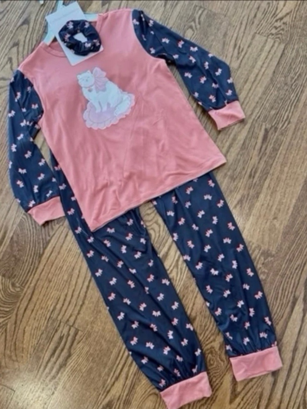 New girls pink & navy cat long sleeve shirt and pants pajama set size 10/12